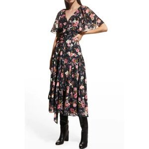 Tanya Taylor Bria Floral Faux Wrap Midi Dress Black Multi Women's Size 14